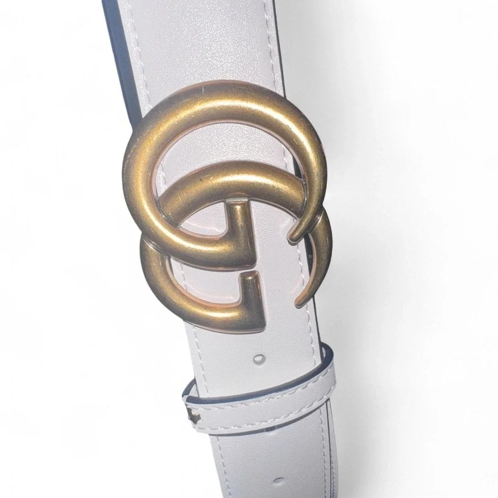 Gucci Marmont White leather belt with antique brass Gold GG buckle